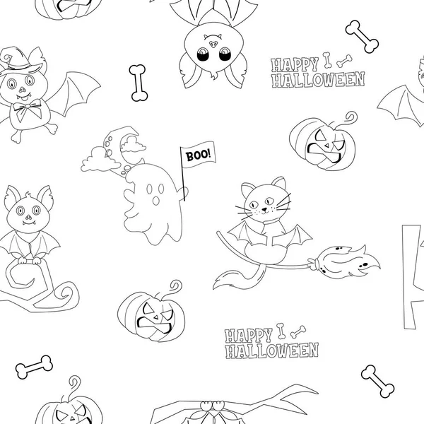 Бесшовные Контуры Персонажей Рисунка Хэллоуин Кошка Призрак Летучая Мышь — стоковый вектор