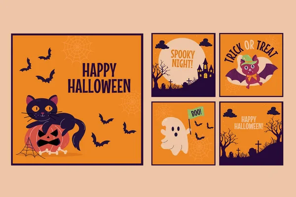 Flat Style Happy Halloween Social Media Collectie Instagram Verhalen — Stockvector