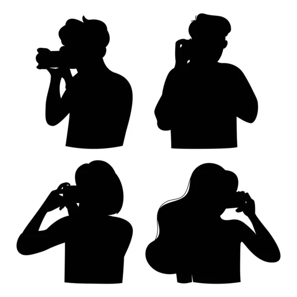 シルエットの写真カメラを持つ人々 女と男が写真を撮っている 世界写真の日 — ストックベクタ