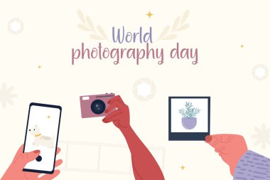 Düz dünya fotoğrafçılık günü geçmişi. Farklı eller fotoğraf çeker.