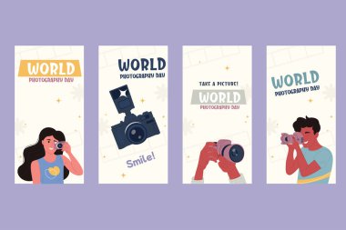 Düz dünya fotoğrafçılık günü Instagram hikaye koleksiyonu. Sosyal medya
