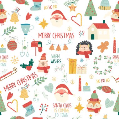 Hayvan karakterli, kusursuz el çizimi bir Noel deseni