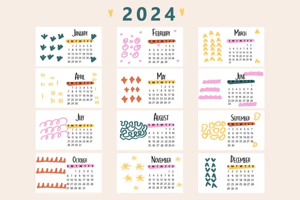 Pionowy Kalendarz Rok 2024 Ręcznie Rysowanym Stylu Minimalny Styl Nowego — Wektor stockowy