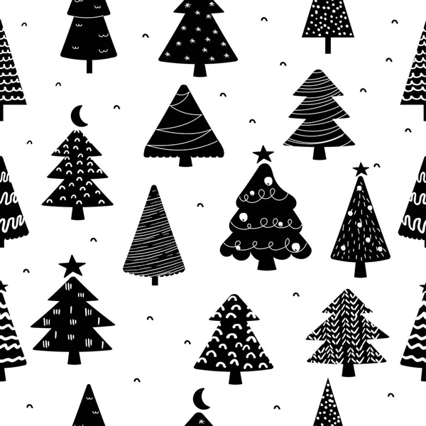 Бесшовный Рисунок Рождественских Ёлок Черно Белый Силуэт — стоковый вектор