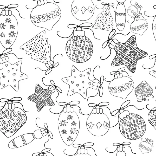 Seamless Pattern Christmas Hand Drawn Outline Toys Christmas Tree — Stock Vector