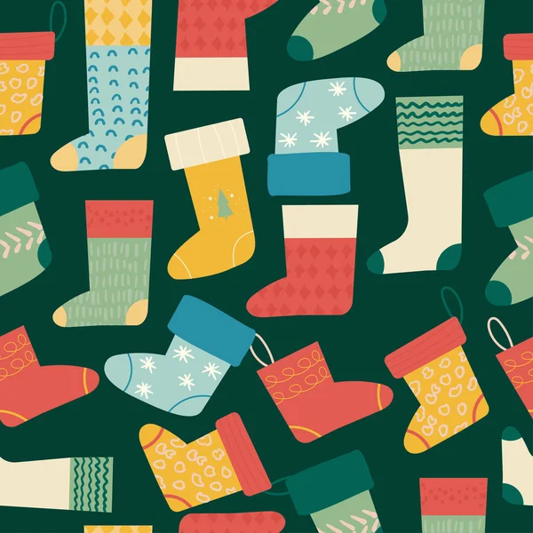 Seamless Pattern Christmas Hand Drawn Socks — Stock Vector