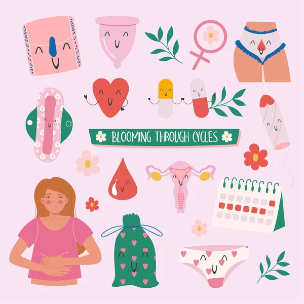 Colección Productos Higiene Femenina Kawaii Estilo Dibujado Mano Periodo Menstruación — Archivo Imágenes Vectoriales