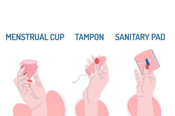 Hintergrund Der Menstruation Hände Halten Damenbinden Tampon Menstruationstasse Mit Inschriften — Stockvektor