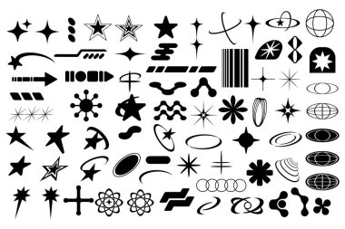 Siyah soyut y2k geometrik elementler ve şekiller kümesi. Retro tasarım ögeleri. 