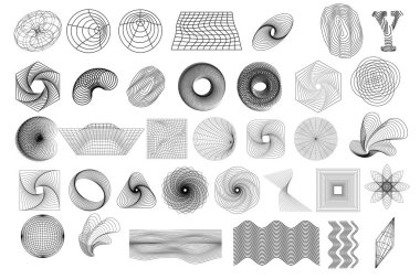 Siyah soyut y2k geometrik kablo elementleri seti, şekiller. Retro tasarım ögeleri