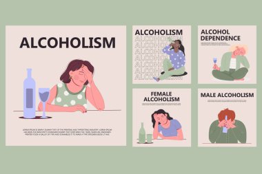 Düz stil alkolizm sosyal medya koleksiyonu. Instagram gönderileri. Uluslararası insanlar