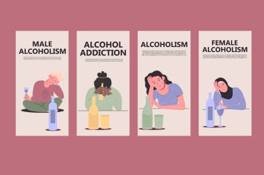 Düz stil alkolizm sosyal medya koleksiyonu. Instagram hikayeleri. Uluslararası insanlar