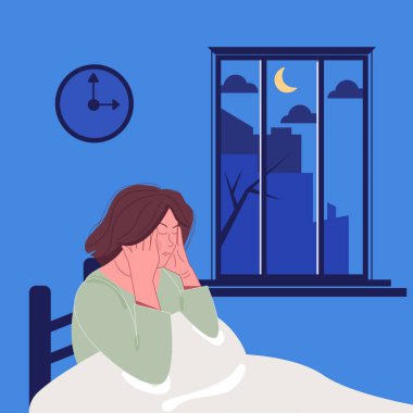 Uykusuzluk, uyku bozukluğu konsepti. Bir kadın yatakta oturur ve uyuyamaz.