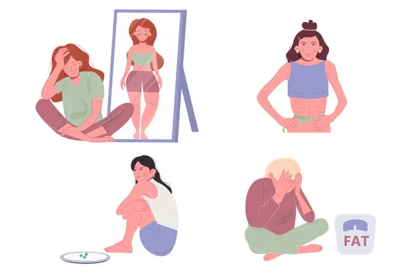 Anorexie Porucha Příjmu Potravy Ilustrace Ženy Royalty Free Stock Vektory
