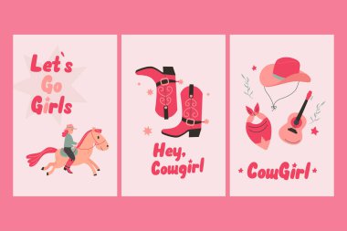 Vahşi Batı kovboy kız posterleri, yazılı kartlar.