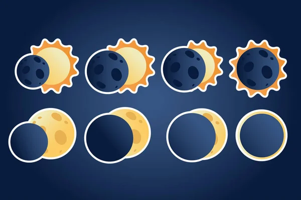 Наклейки Солнечного Лунного Затмения Стиле Плоского Мультфильма Стоковый вектор