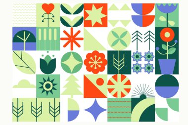Modern geometric background. Abstract trees, flowers, shapes. Seamless pattern. Bauhaus