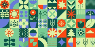 Modern geometric background. Abstract nature trees, leaves, flowers, shapes. Seamless pattern. Bauhaus