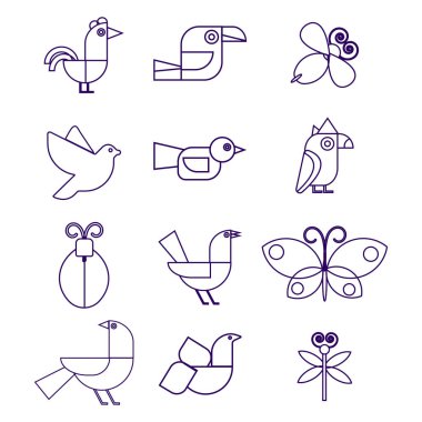 Geometrik modern soyut kuş kelebekleri ana hatları. Bauhaus.