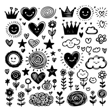 El çizimi kawaii karalamaları yıldız, kalp, taç, çiçek
