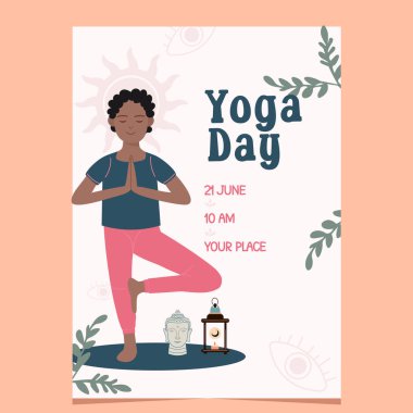 Uluslararası yoga günü broşürü afro-amerikan bir adamla birlikte.