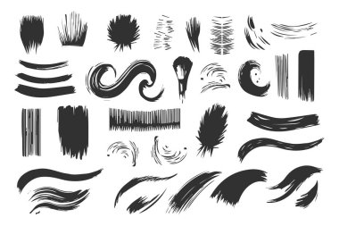 Fırça darbeleri. El fırçası seti. Grunge tasarım elementleri. Mürekkep damlaları.