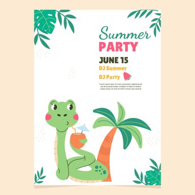 Summer party invitation snake character drinking cocktail