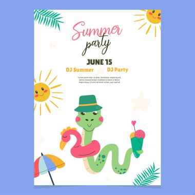 Summer party invitation snake character hand drawn 