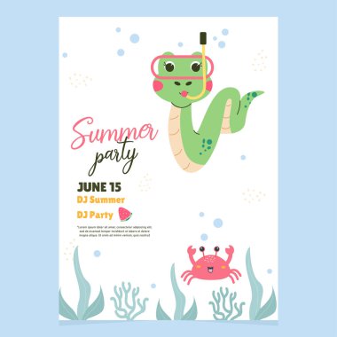 Hand drawn summer party invitation with a snake character