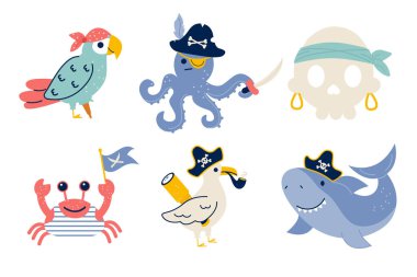 Collection of pirate characters octopus parrot shark crab skull flat styl clipart