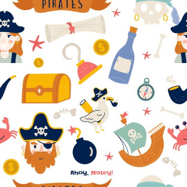 Sevimli korsan elementler düz dizaynda kusursuz desen