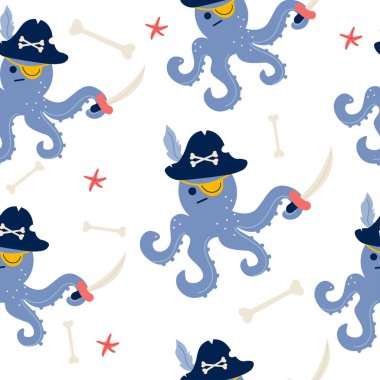 Ahtapot korsan karakteri düz dizaynda kusursuz desen