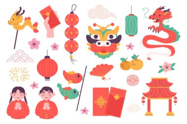 Çin Yeni Yıl Festivali Elementleri düz tasarım 
