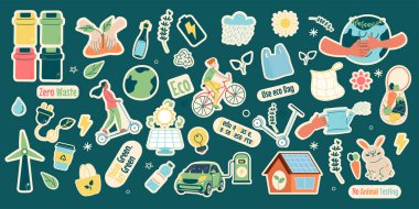 Koleksiyon çıkartmaları ekoloji dostu şirin elementler düz tasarım