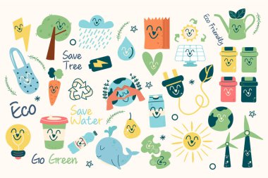 Koleksiyon kawaii çevre dostu şirin elementler