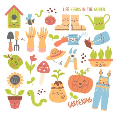 Koleksiyon bahçesi kawaii şirin elementler düz tasarım