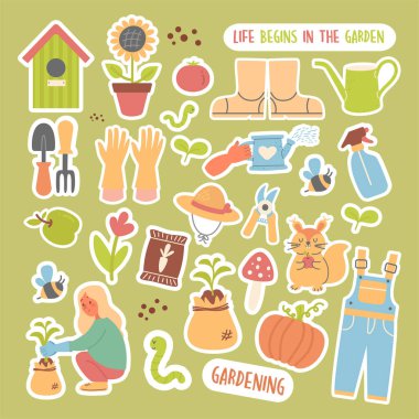 Koleksiyon bahçesi şirin çıkartmalar düz tasarım