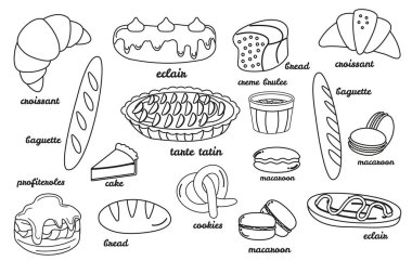 Collection outline hand drawn french cuisine bakery clipart