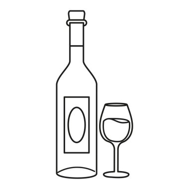 Beyaz arka planda siyah beyaz şarap şişesi ve cam var.