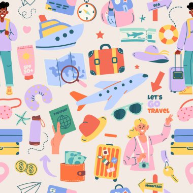 Elle çizilmiş elementlerle kusursuz seyahat deseni