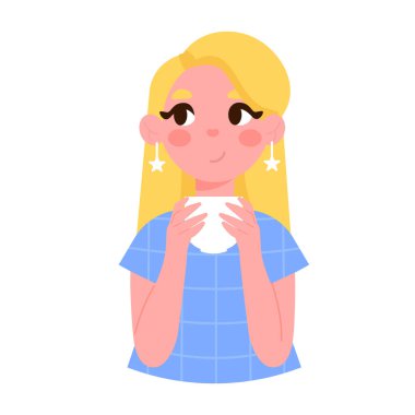 Avatar karakteri, çay fincanı kahve çizgi film stili tatlı kız.