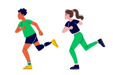 Protezi olan bir adam ve kolu kesilmiş bir kadın. Sağlıklı yaşam tarzı kavramı.