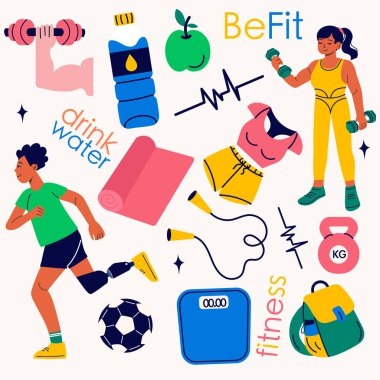 Spor salonu envanteri koleksiyonu, spor yapan insanlar, spor aletleri. Protezli adam..