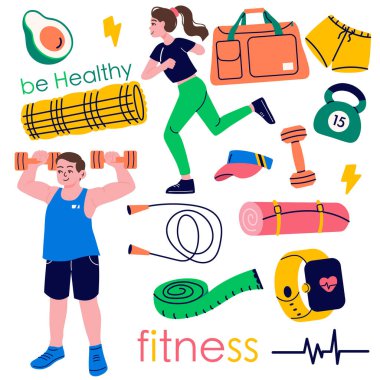 Spor salonu envanteri koleksiyonu, spor yapan insanlar, spor aletleri. Ampüte olmuş bir kadın. Sağlıklı yaşam tarzı kavramı.