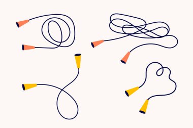 Farklı atlama ipleri. Spor malzemeleri. Sağlıklı yaşam tarzı kavramı.