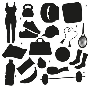 Spor malzemelerinin, spor malzemelerinin, spor malzemelerinin koleksiyonu. Sağlıklı yaşam tarzı kavramı.