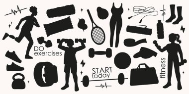 Jimnastik salonu malzemelerinin silueti, spor yapan insanlar, spor aletleri. Protezli adam..