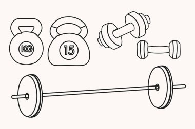 Farklı dambılların ana hatlarını ayarlayın. Spor malzemeleri. Sağlıklı yaşam tarzı kavramı.