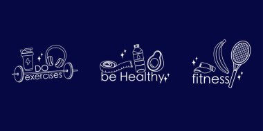Taslak fitness, spor aksesuarları, rozet spor ekipmanları, harfli etiket tasarımı