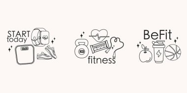 Taslak fitness envanteri, rozet aksesuarları, harfli etiket tasarımı.